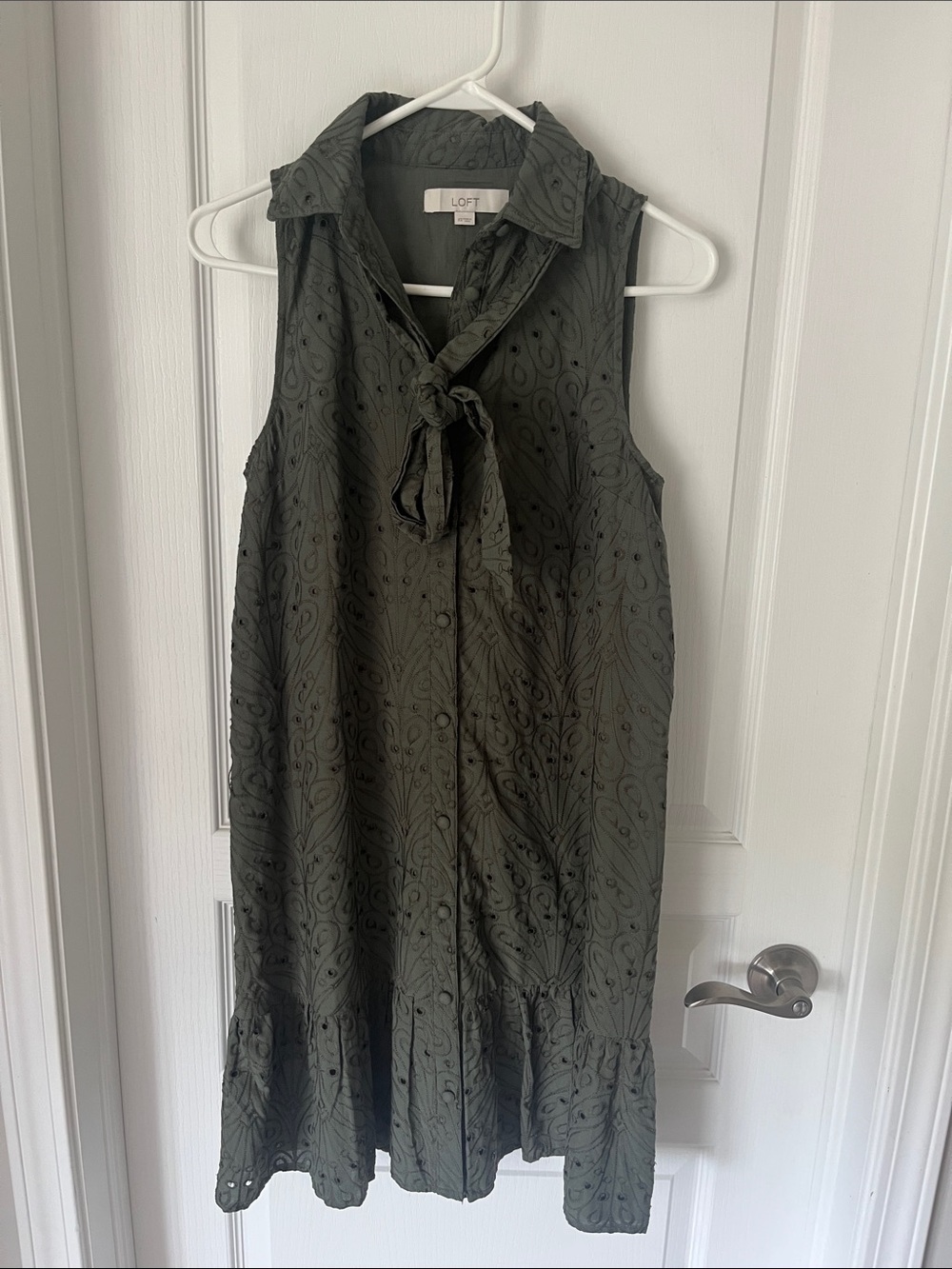 LOFT Olive Tie-Neck Eyelet Midi Dress